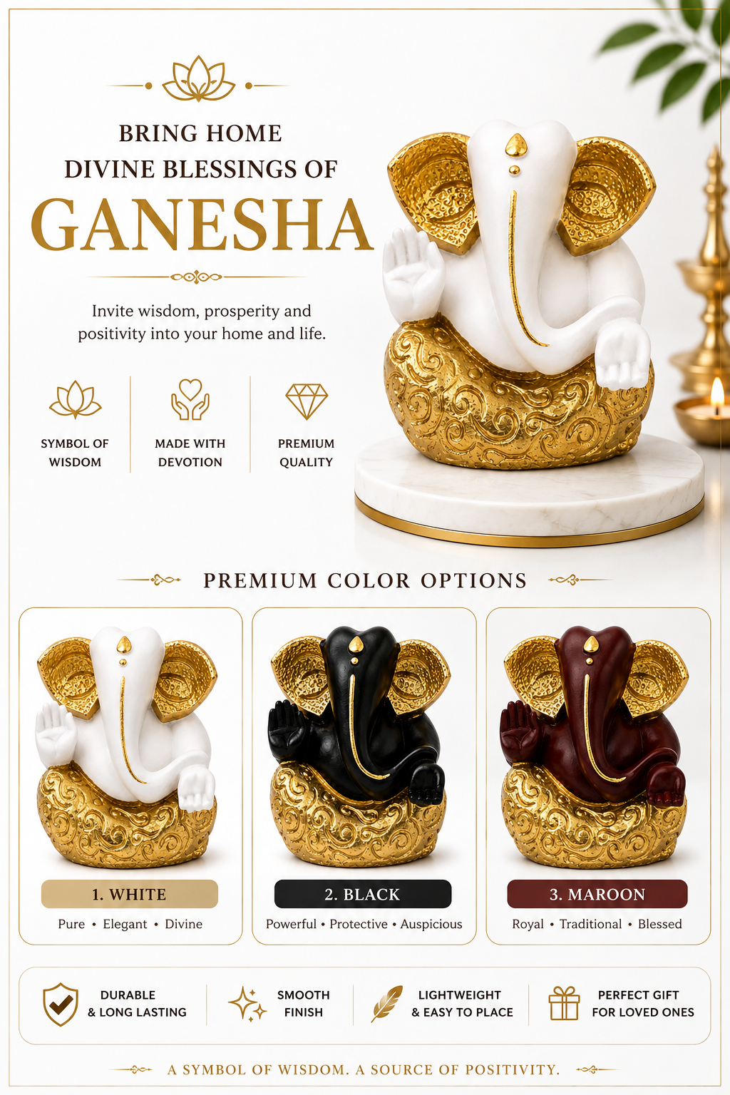 Premium Black & Gold Lord Ganesha Idol | Tabletop Spiritual Decor
