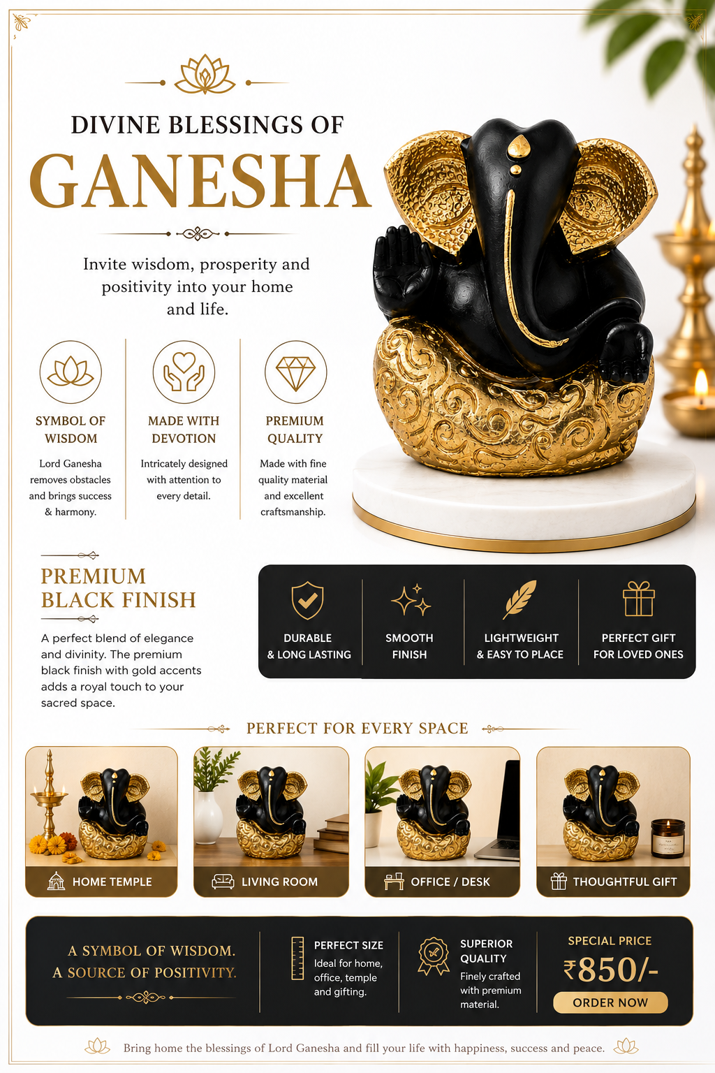 Premium Black & Gold Lord Ganesha Idol | Tabletop Spiritual Decor