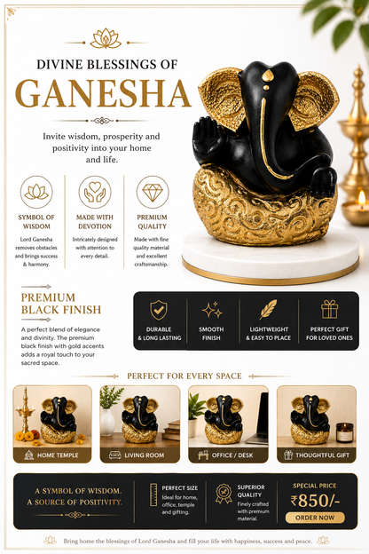 Premium Black & Gold Lord Ganesha Idol | Tabletop Spiritual Decor